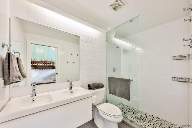 bathroom with toilet, vanity, and tiled shower