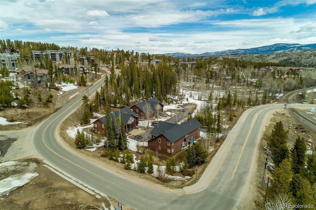 snowy aerial view with a mountain view