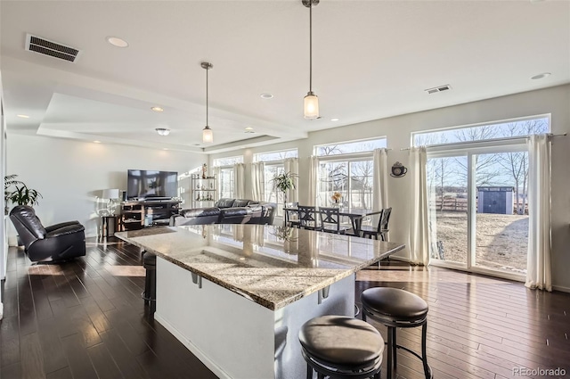 kitchen with a breakfast bar, pendant lighting, a raised ceiling, and light stone countertops