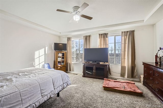 bedroom featuring ceiling fan, a tray ceiling, and carpet