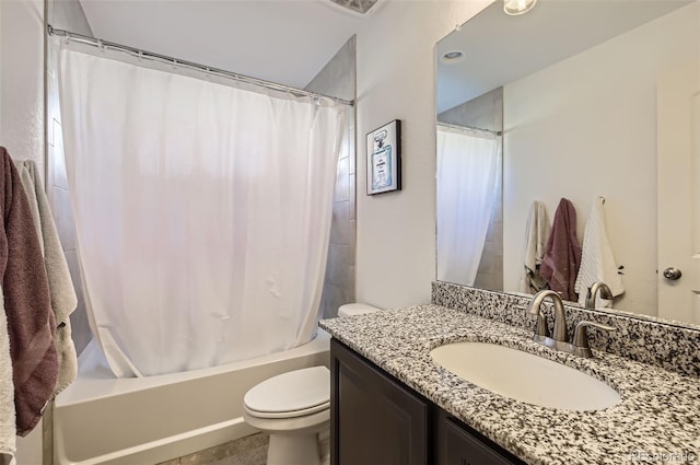 full bathroom with shower / bath combination with curtain, vanity, and toilet