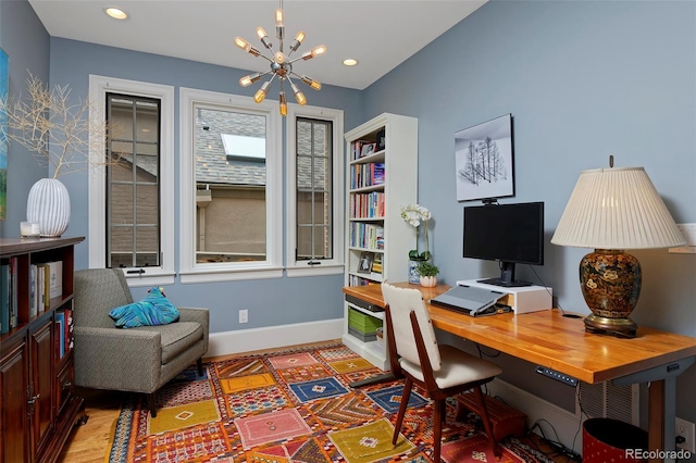 535 N High St, Denver, CO 80218 - office featuring a chandelier, baseboards, recessed lighting, and wood finished floors