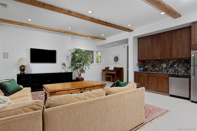 535 N High St, Denver, CO 80218 - living area with beam ceiling, recessed lighting, and light colored carpet