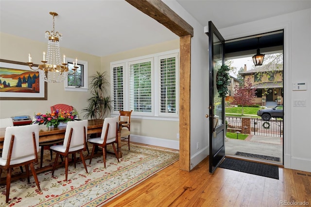 535 N High St, Denver, CO 80218 - dining space with a chandelier, hardwood / wood-style floors, and baseboards