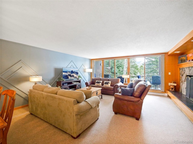 living room featuring a fireplace and light carpet