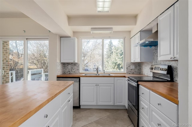 kitchen with wooden counters, appliances with stainless steel finishes, sink, and white cabinets