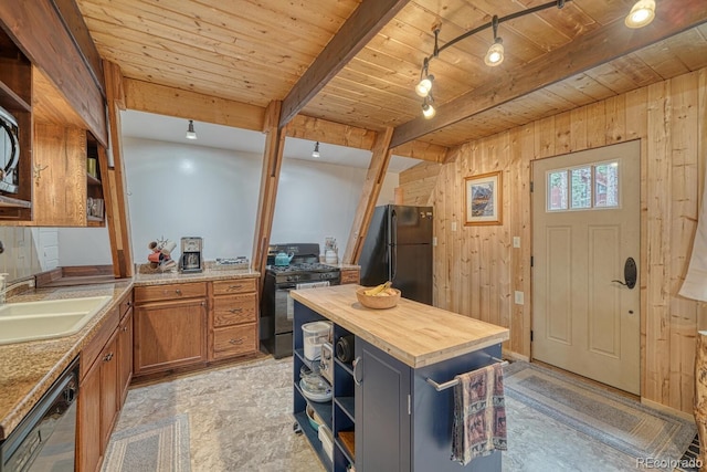 16495 Mt Princeton Rd, Buena Vista, CO 81211 - kitchen with black appliances, open shelves, wooden counters, rail lighting, and wooden ceiling with exposed beams