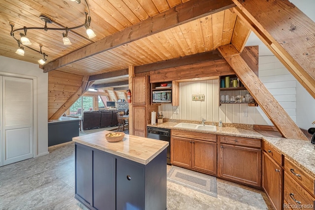 16495 Mt Princeton Rd, Buena Vista, CO 81211 - kitchen featuring open shelves, black dishwasher, a sink, wooden ceiling, and wood walls