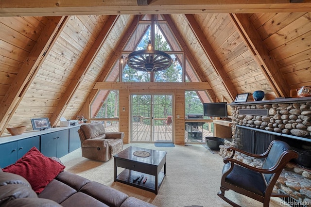 16495 Mt Princeton Rd, Buena Vista, CO 81211 - carpeted living area with wooden ceiling and a fireplace