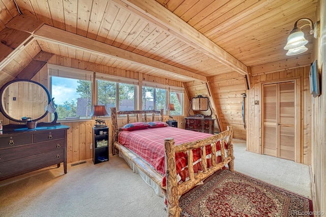 16495 Mt Princeton Rd, Buena Vista, CO 81211 - carpeted bedroom with wood ceiling with exposed beams and wooden walls