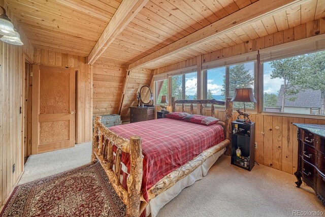16495 Mt Princeton Rd, Buena Vista, CO 81211 - bedroom featuring carpet flooring, wooden ceiling with exposed beams, and wood walls