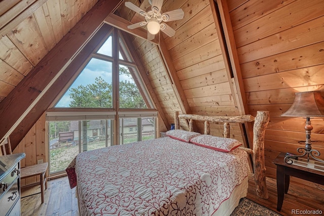 16495 Mt Princeton Rd, Buena Vista, CO 81211 - bedroom with wood walls, lofted ceiling, hardwood / wood-style flooring, and wooden ceiling