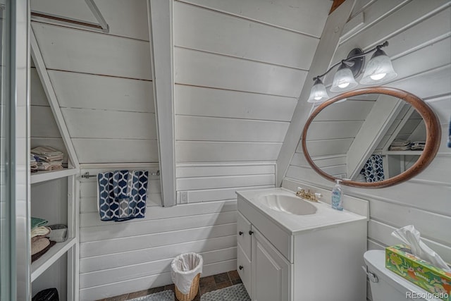 16495 Mt Princeton Rd, Buena Vista, CO 81211 - half bath featuring wood walls, vanity, and toilet