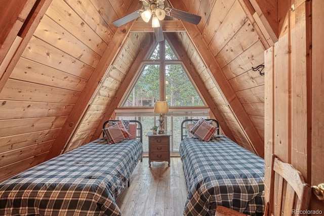 16495 Mt Princeton Rd, Buena Vista, CO 81211 - bedroom featuring wood ceiling, hardwood / wood-style flooring, ceiling fan, and wood walls