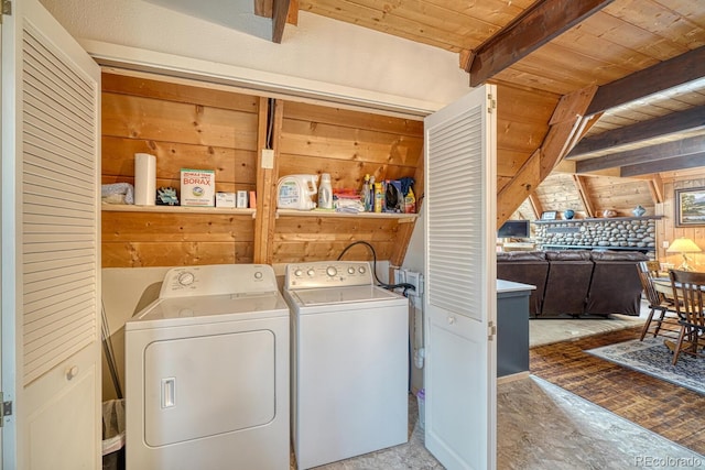 16495 Mt Princeton Rd, Buena Vista, CO 81211 - laundry area with wooden walls, washing machine and dryer, and wood ceiling