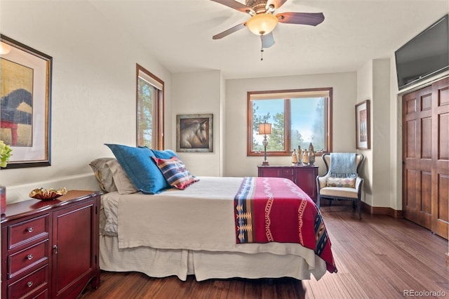 bedroom with wood-type flooring, a closet, and ceiling fan