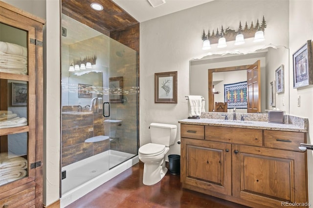 bathroom with toilet, vanity, concrete flooring, and walk in shower