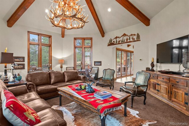 living room with beamed ceiling, carpet floors, a wealth of natural light, and a chandelier