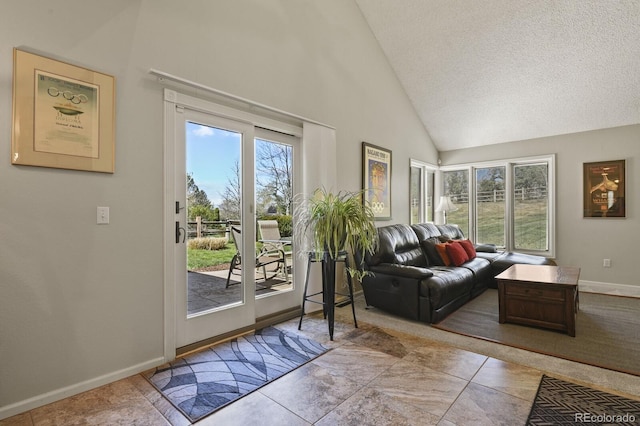 doorway to outside featuring high vaulted ceiling, a textured ceiling, and baseboards