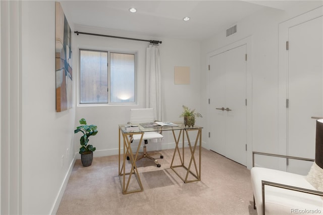 office with recessed lighting, light colored carpet, visible vents, and baseboards