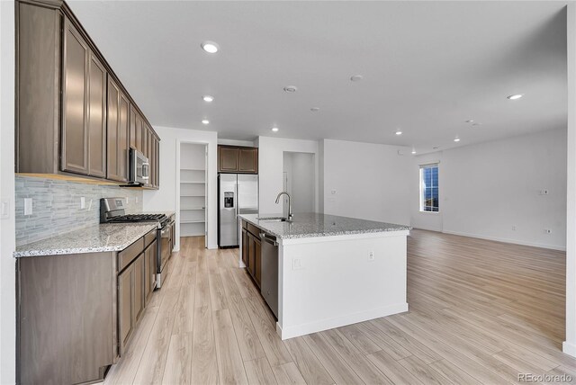 kitchen with stainless steel appliances, backsplash, a sink, and light wood-style floors