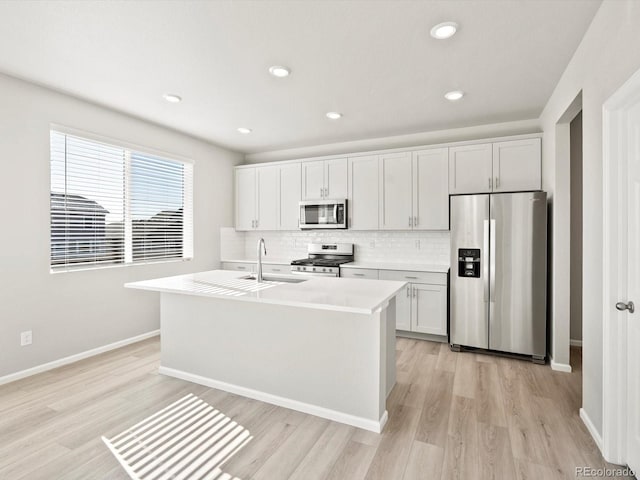 kitchen with appliances with stainless steel finishes, a sink, light countertops, light wood-type flooring, and backsplash