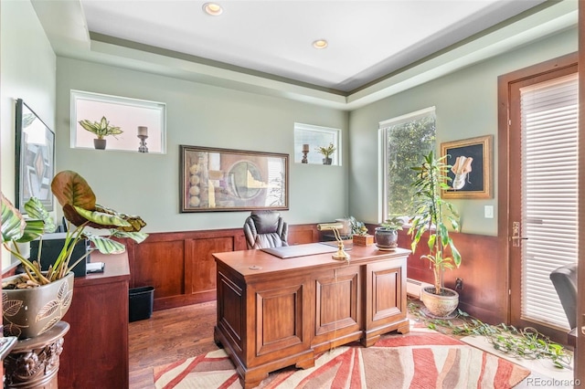 1344 S Saint Paul St, Denver, CO 80210 - home office featuring light wood finished floors, wainscoting, recessed lighting, and a tray ceiling