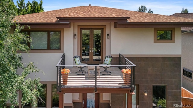 1344 S Saint Paul St, Denver, CO 80210 - back of property with french doors, roof with shingles, a balcony, and stucco siding