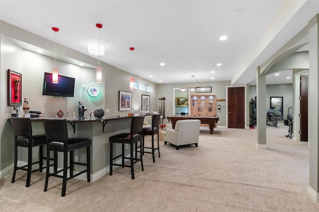 1344 S Saint Paul St, Denver, CO 80210 - indoor wet bar featuring billiards, light carpet, recessed lighting, and decorative light fixtures