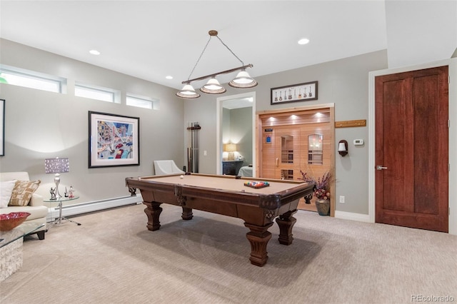 1344 S Saint Paul St, Denver, CO 80210 - rec room with billiards table, a baseboard heating unit, carpet flooring, and recessed lighting