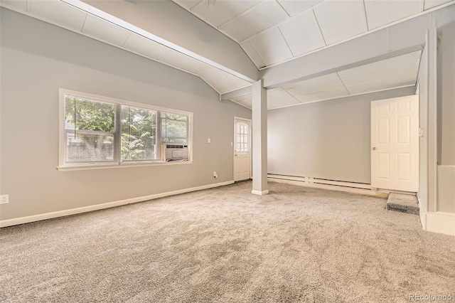 1187 Syracuse St, Denver, CO 80220 - carpeted empty room with baseboard heating, lofted ceiling, and cooling unit
