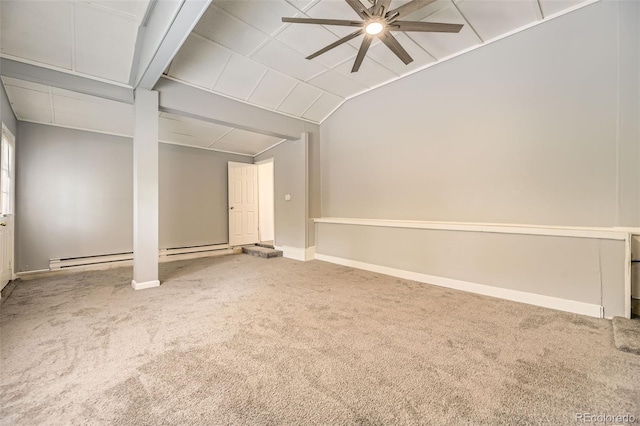 1187 Syracuse St, Denver, CO 80220 - empty room with ceiling fan, carpet flooring, a baseboard heating unit, and vaulted ceiling