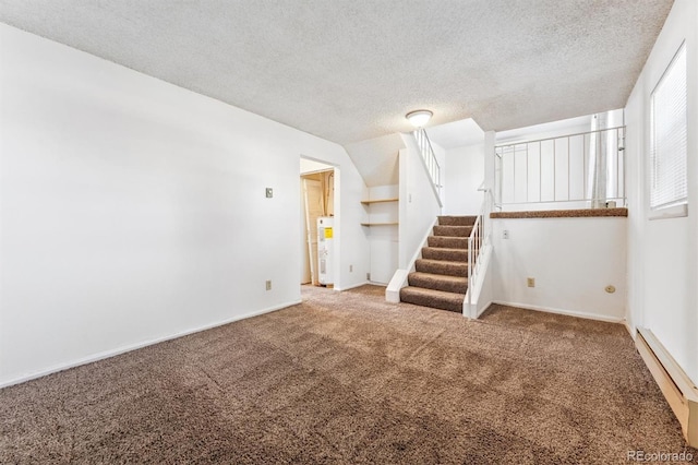 5372 E 108th Pl, Thornton, CO 80233 - unfurnished room featuring a textured ceiling, carpet, stairs, water heater, and baseboard heating