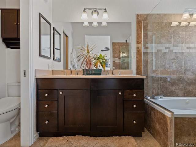 full bath featuring tile patterned flooring, tiled tub, toilet, a tile shower, and a sink