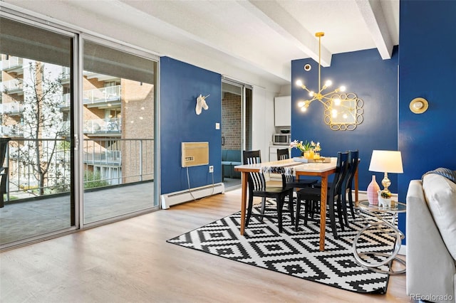 dining room with beam ceiling, an inviting chandelier, wood-type flooring, and baseboard heating