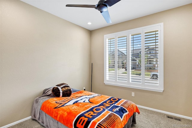 bedroom with carpet flooring, baseboards, a ceiling fan, and recessed lighting