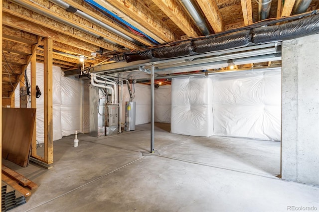 unfinished below grade area with water heater and heating unit