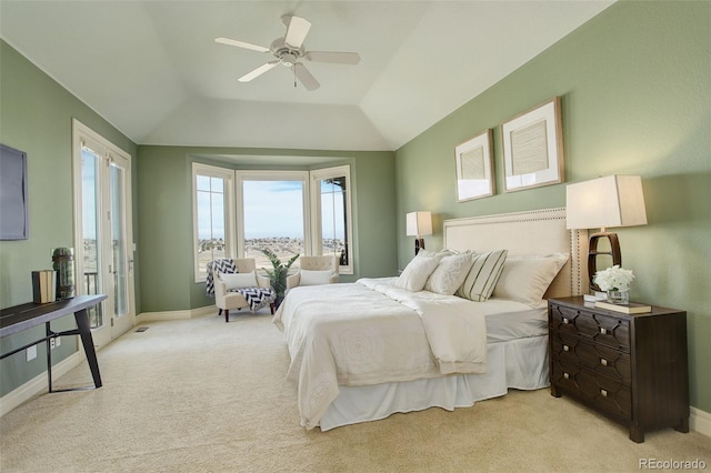 bedroom with light carpet, ceiling fan, lofted ceiling, and baseboards