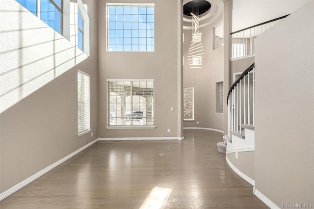 foyer entrance with hardwood / wood-style flooring, plenty of natural light, and a towering ceiling