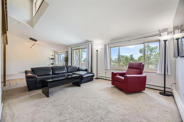 8414 S Otis St, Littleton, CO 80128 - carpeted living area featuring a baseboard radiator, healthy amount of natural light, and lofted ceiling