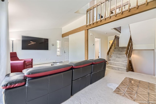 8414 S Otis St, Littleton, CO 80128 - carpeted living area featuring lofted ceiling, stairway, and a baseboard radiator