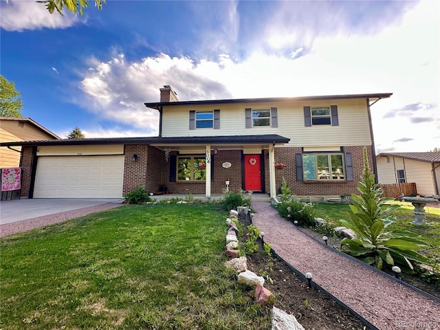 3006 Oro Blanco Dr, Colorado Springs, CO 80917 - traditional-style house featuring a front lawn, an attached garage, a chimney, brick siding, and concrete driveway