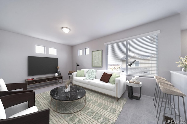 living area featuring carpet