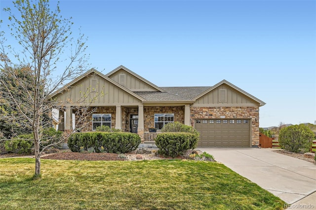 craftsman-style house with board and batten siding, driveway, stone siding, and a garage
