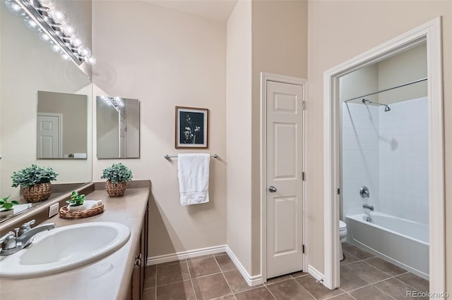 bathroom featuring tile patterned flooring, vanity, shower / bathtub combination, toilet, and baseboards