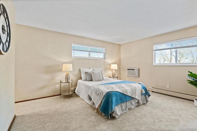 carpeted bedroom featuring multiple windows, a wall mounted air conditioner, and baseboard heating