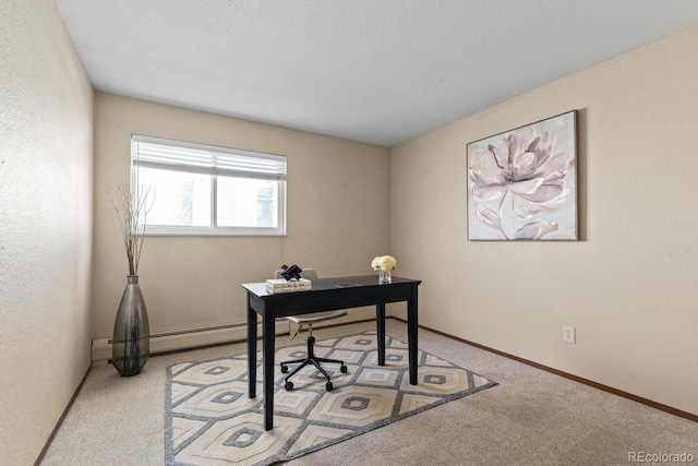 office with light carpet and a textured ceiling