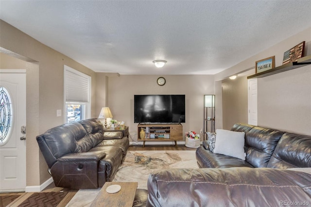 living room featuring baseboards and a textured ceiling