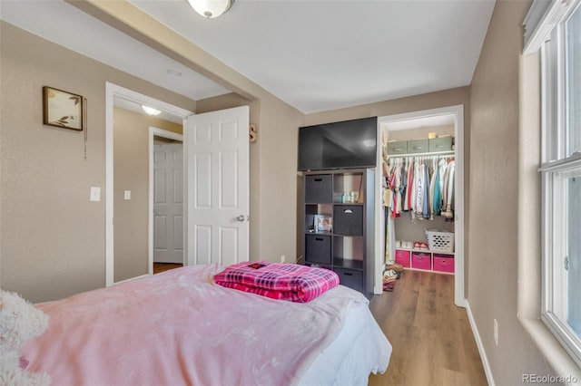 bedroom featuring a walk in closet, wood finished floors, a closet, and baseboards