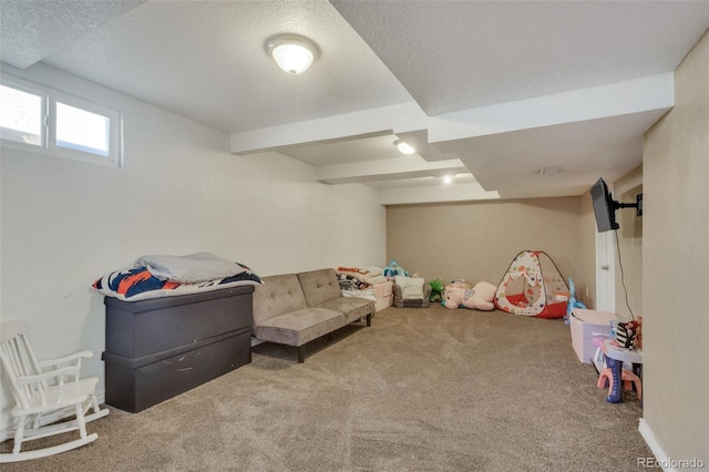 game room with carpet flooring and a textured ceiling